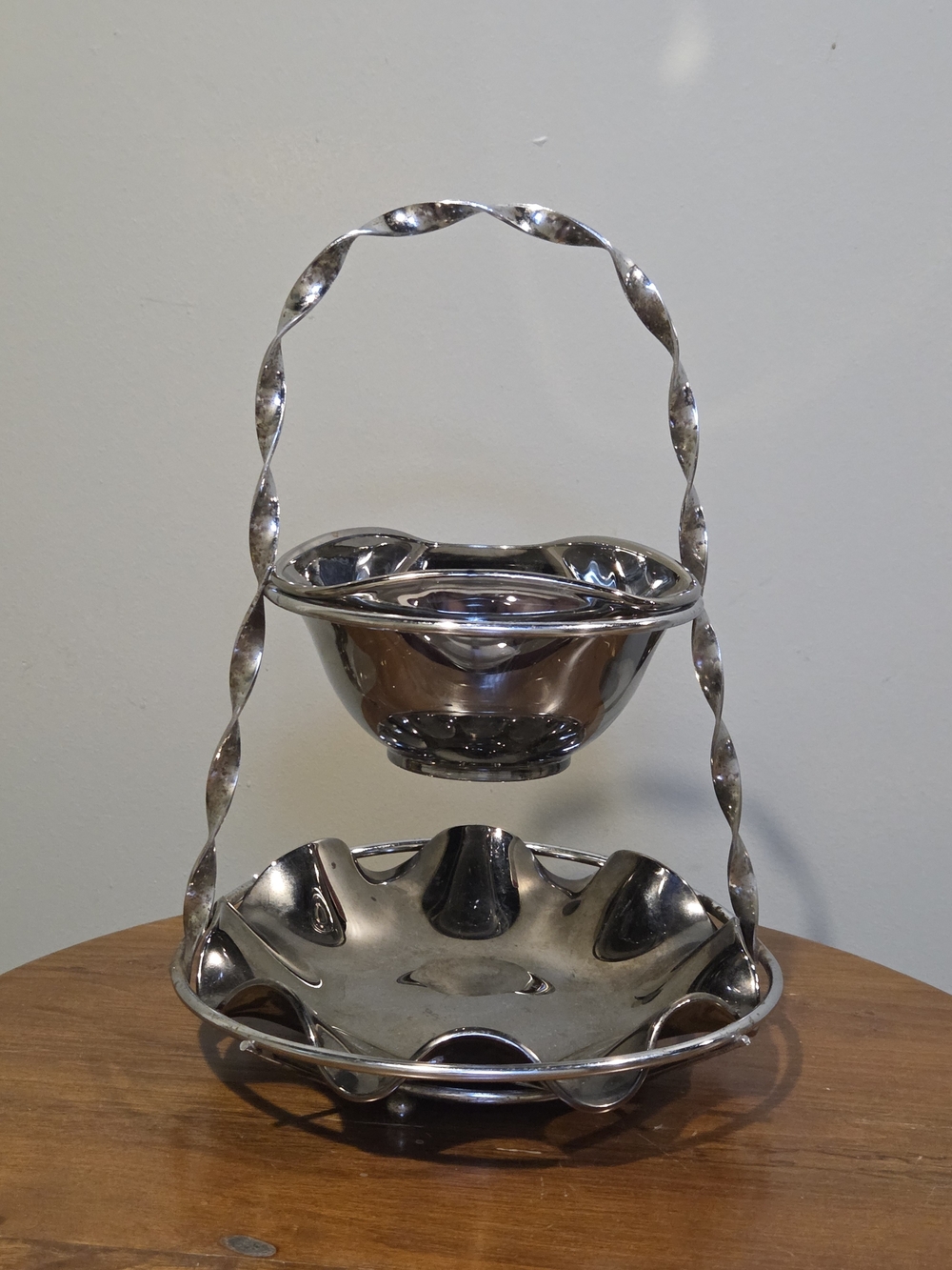 Mid Century Twisted-Handle Two-Tier Serving Stand - Silver
